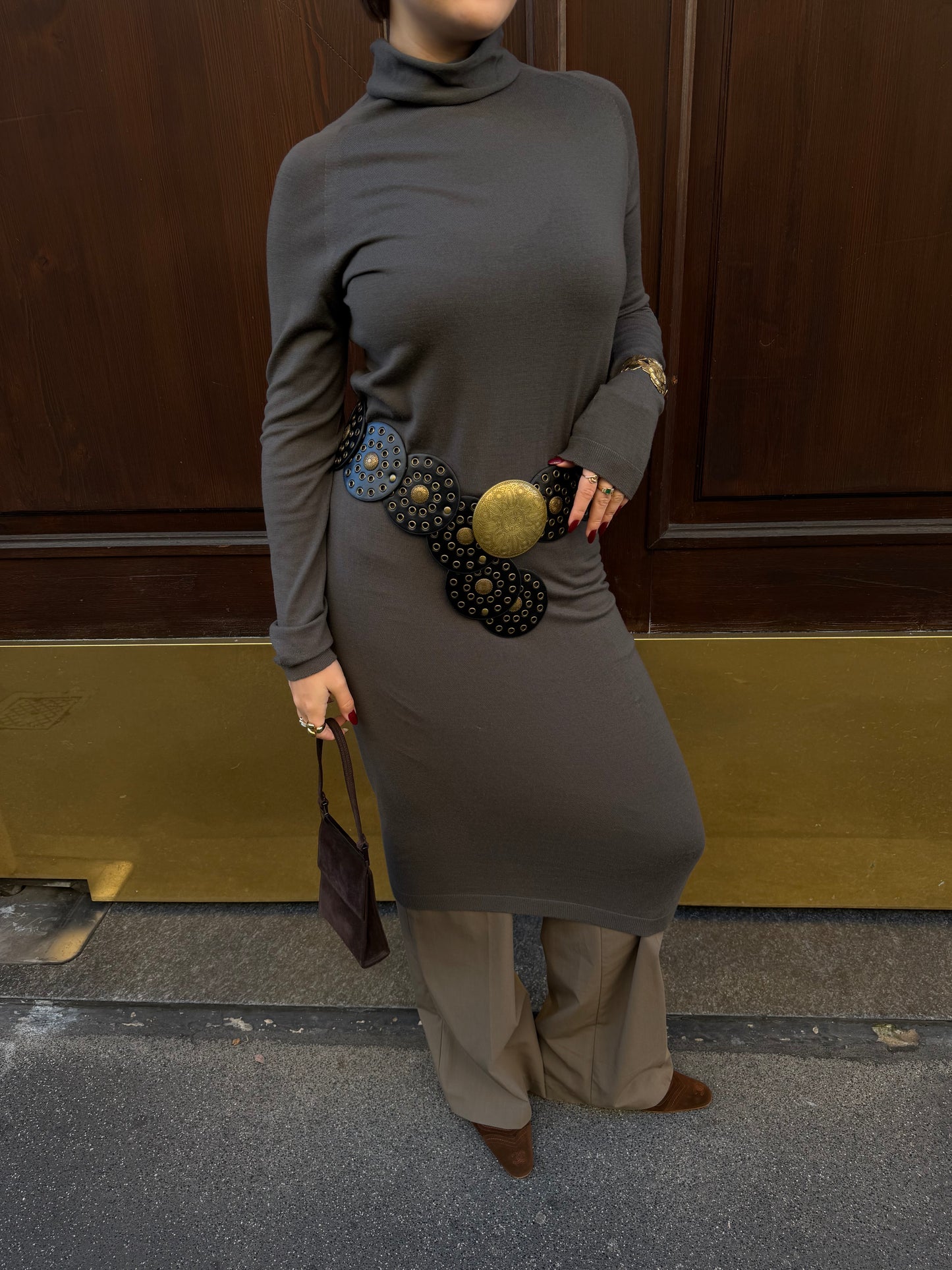 Abito lungo in lana a collo alto grigio Bottega Veneta