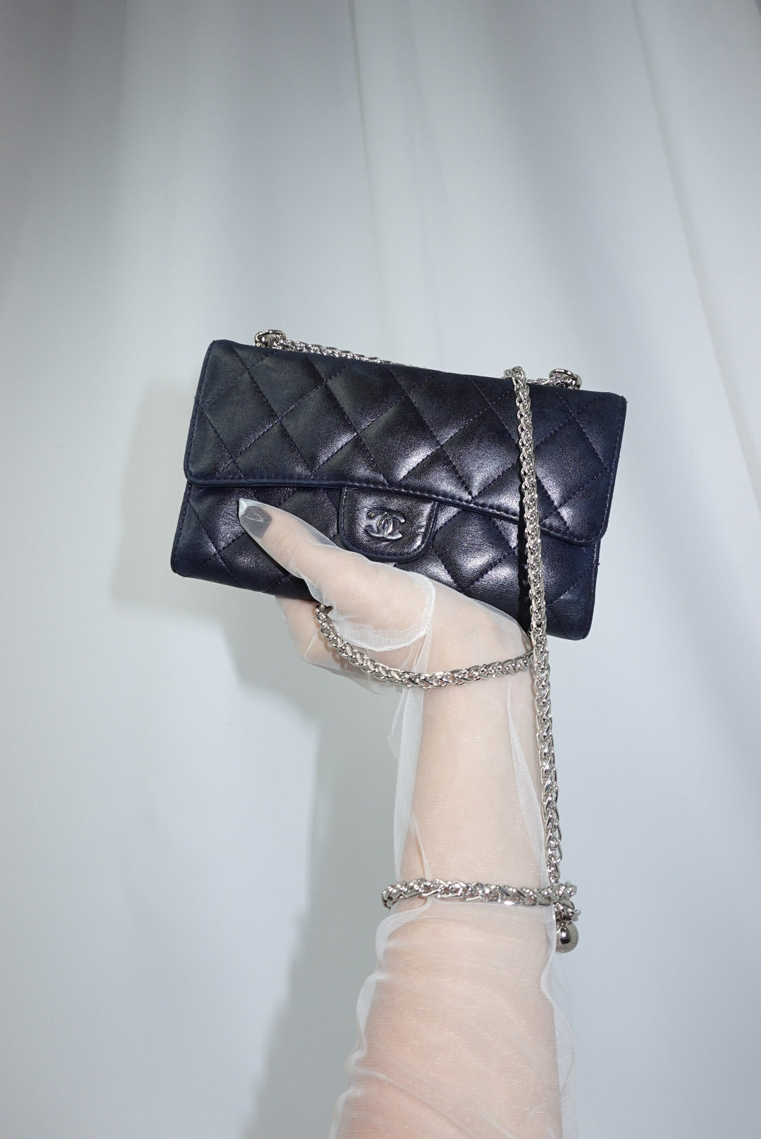 Re-Worked Chanel Timeless Trifold Vintage Navy Wallet with Chain