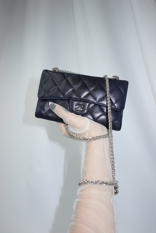 Re-Worked Chanel Timeless Trifold Vintage Navy Wallet with Chain