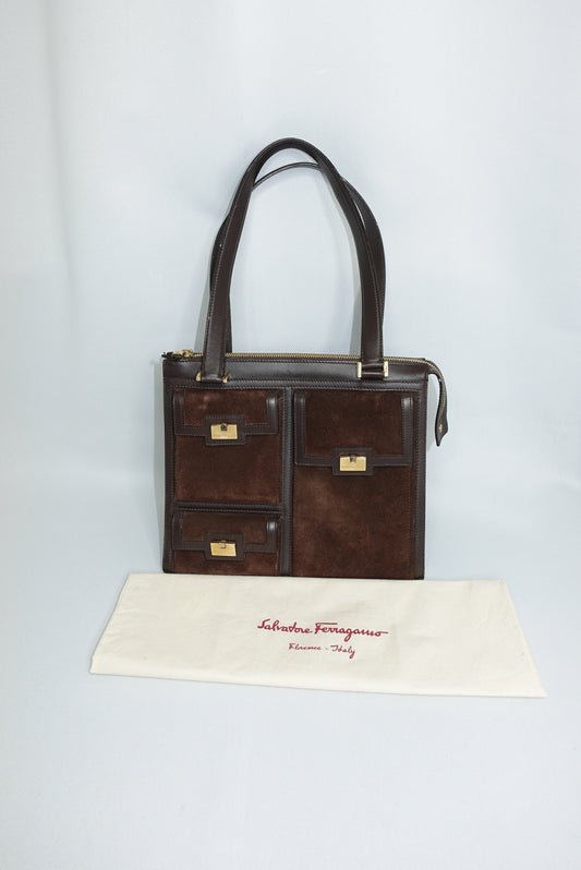 ferragamo brown leather suede shoulder bag