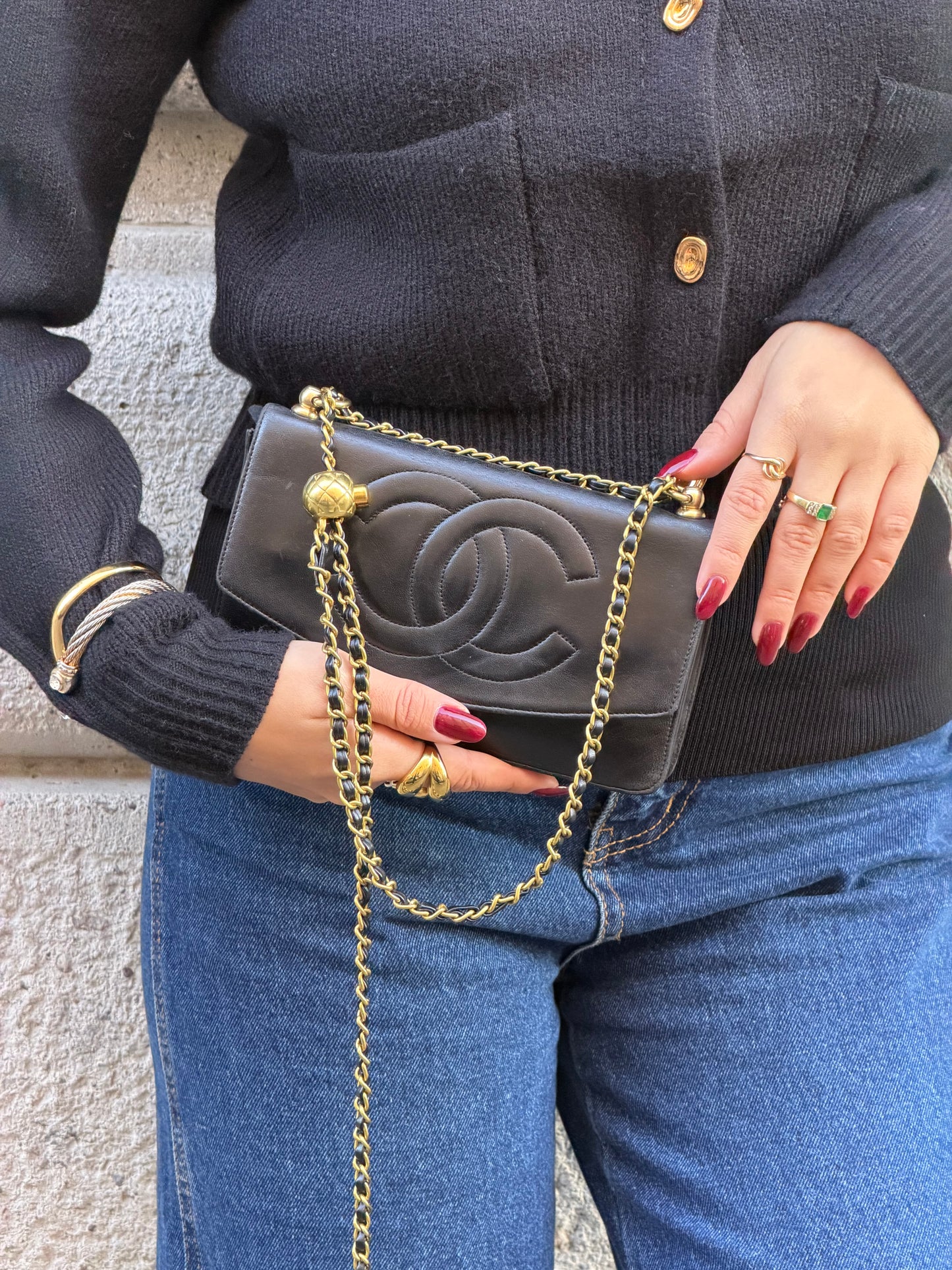 Chanel Re-Worked Vintage Flap Wallet With Chain Black Lambskin CC logo