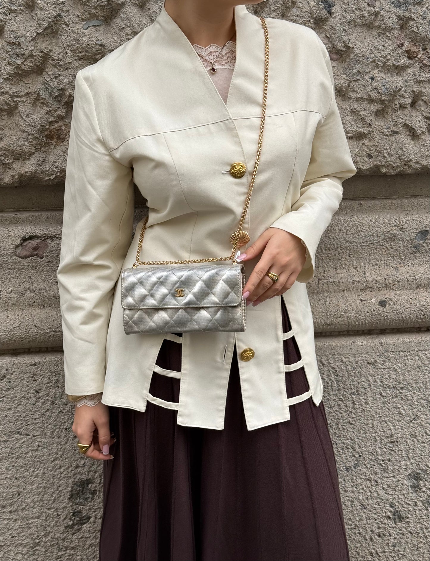 Chanel Re-Worked Timeless Flap Silver and Gold Vintage Wallet w/Chain