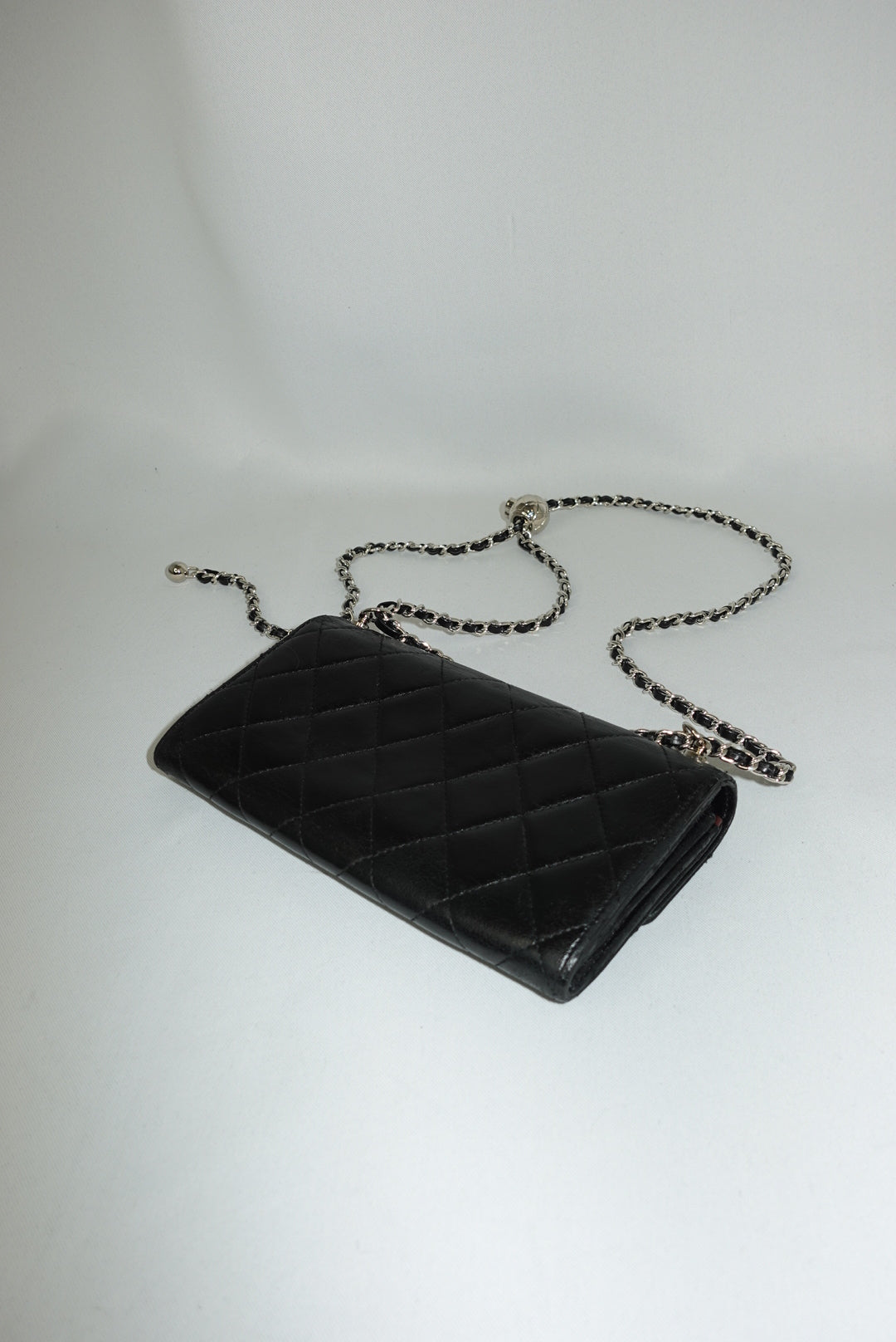 Chanel Vintage Re-worked Black Quilted Flap Wallet with Chain Lambskin