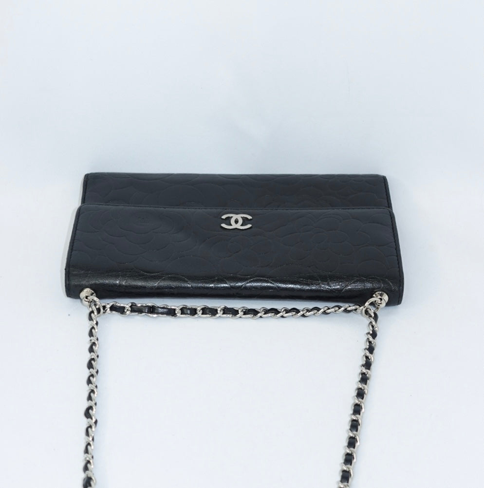 Chanel Black Flap Big Camelia Wallet On Chain