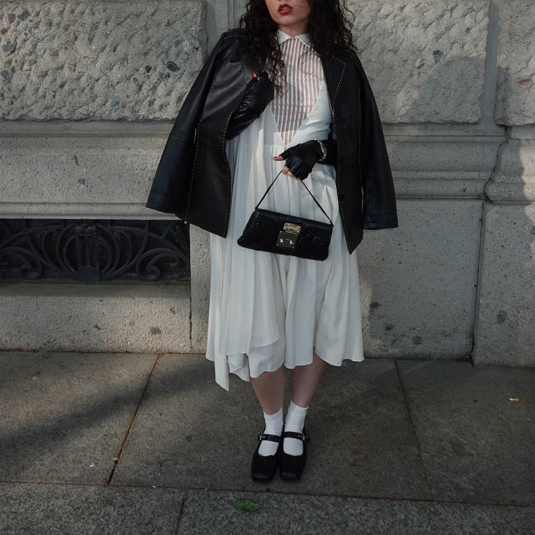 Cream Vintage Dress with Sheer Panel and Leather Collar