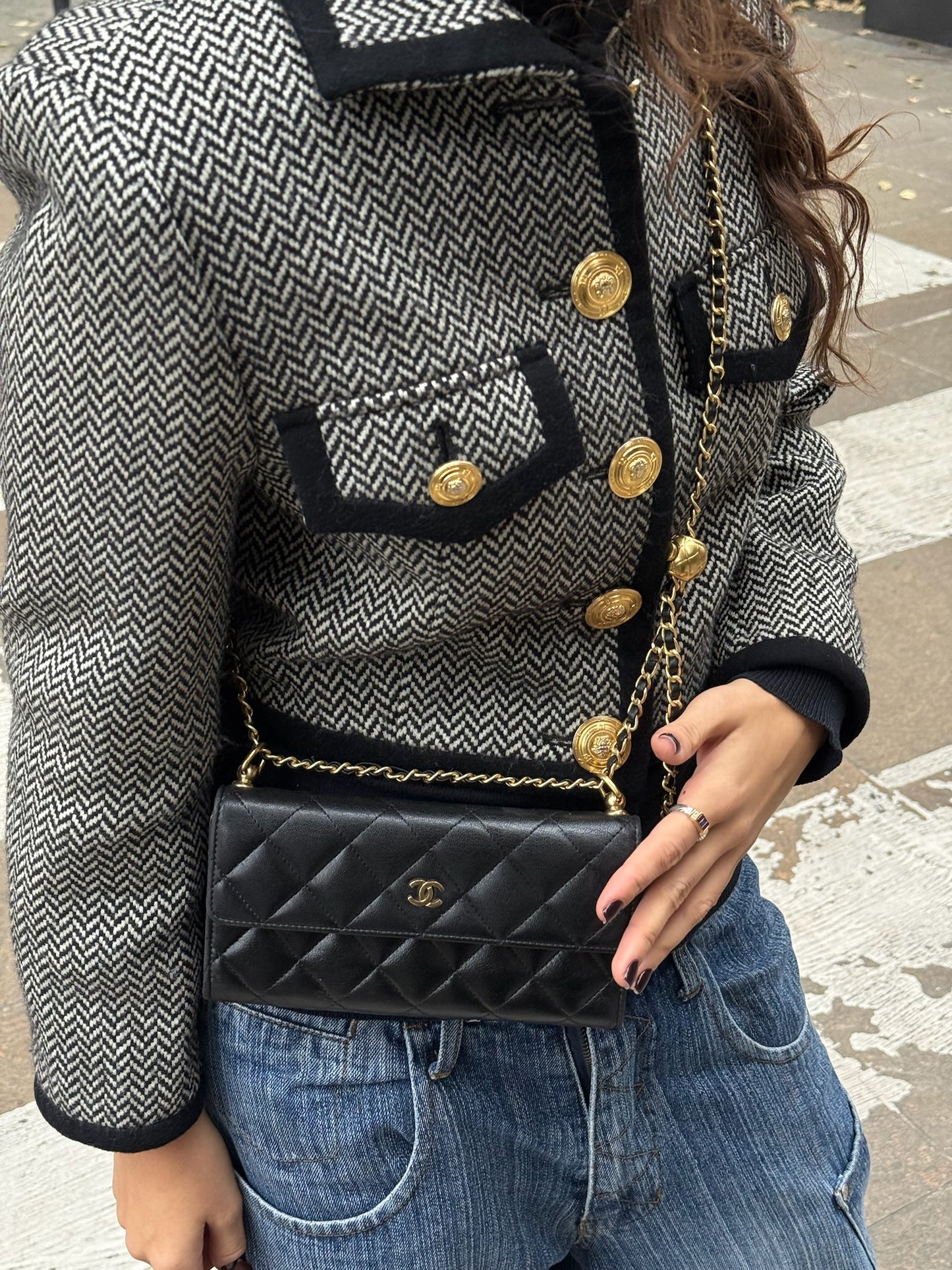 Versace B&W Chevron Vintage Short Blazer w/ Gold toned Buttons