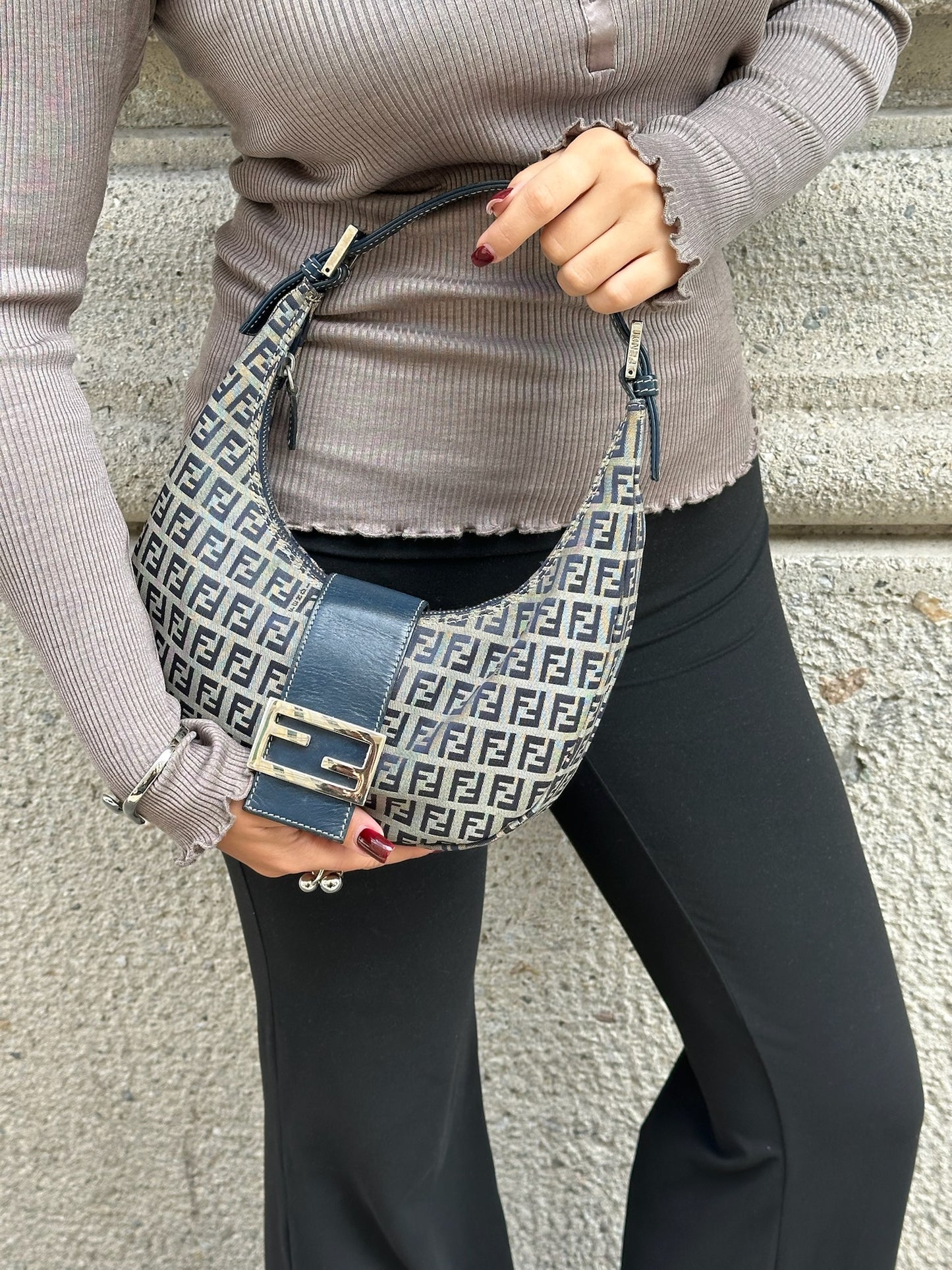 Fendi FF Zucchini Vintage Brown Canvas Vintage Croissant Bag