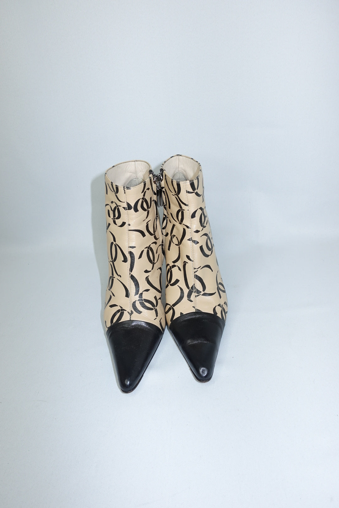 Chanel Vintage CC Logo Print Beige and Black Heeled Pointed Toe Ankle Boots