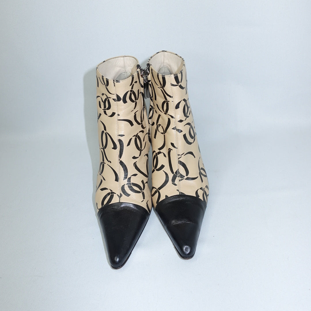 Chanel CC Logo Print Pointed Toe Ankle Boots