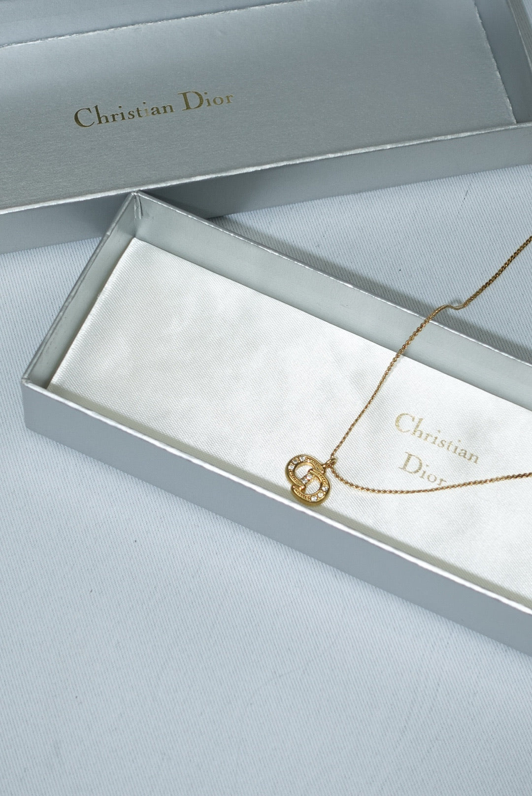 Christian Dior Gold Toned Vintage Necklace Crystals CD Logo