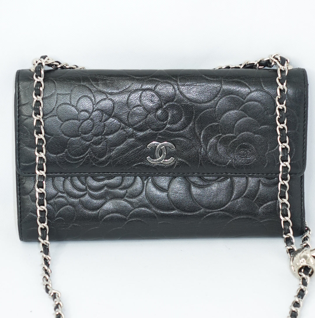 Chanel Black Flap Big Camelia Wallet On Chain