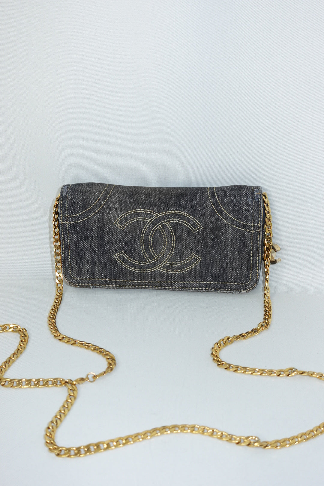 Chanel Vintage Reworked Denim CC Logo Wallet with Chain