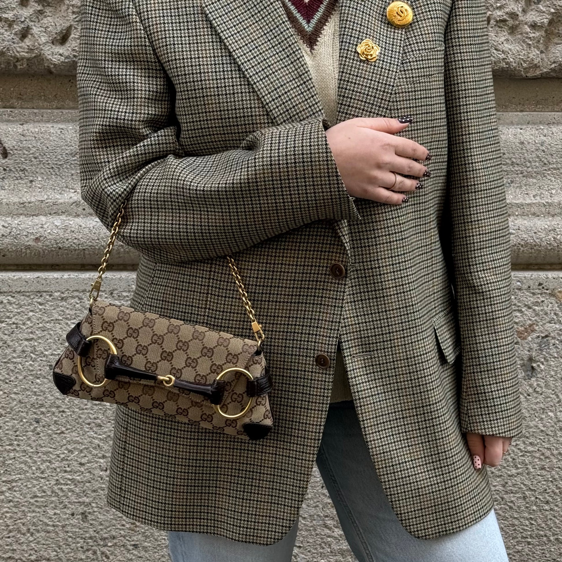 Gucci Horsebit Chain GG Monogram Canvas Small Shoulder Bag