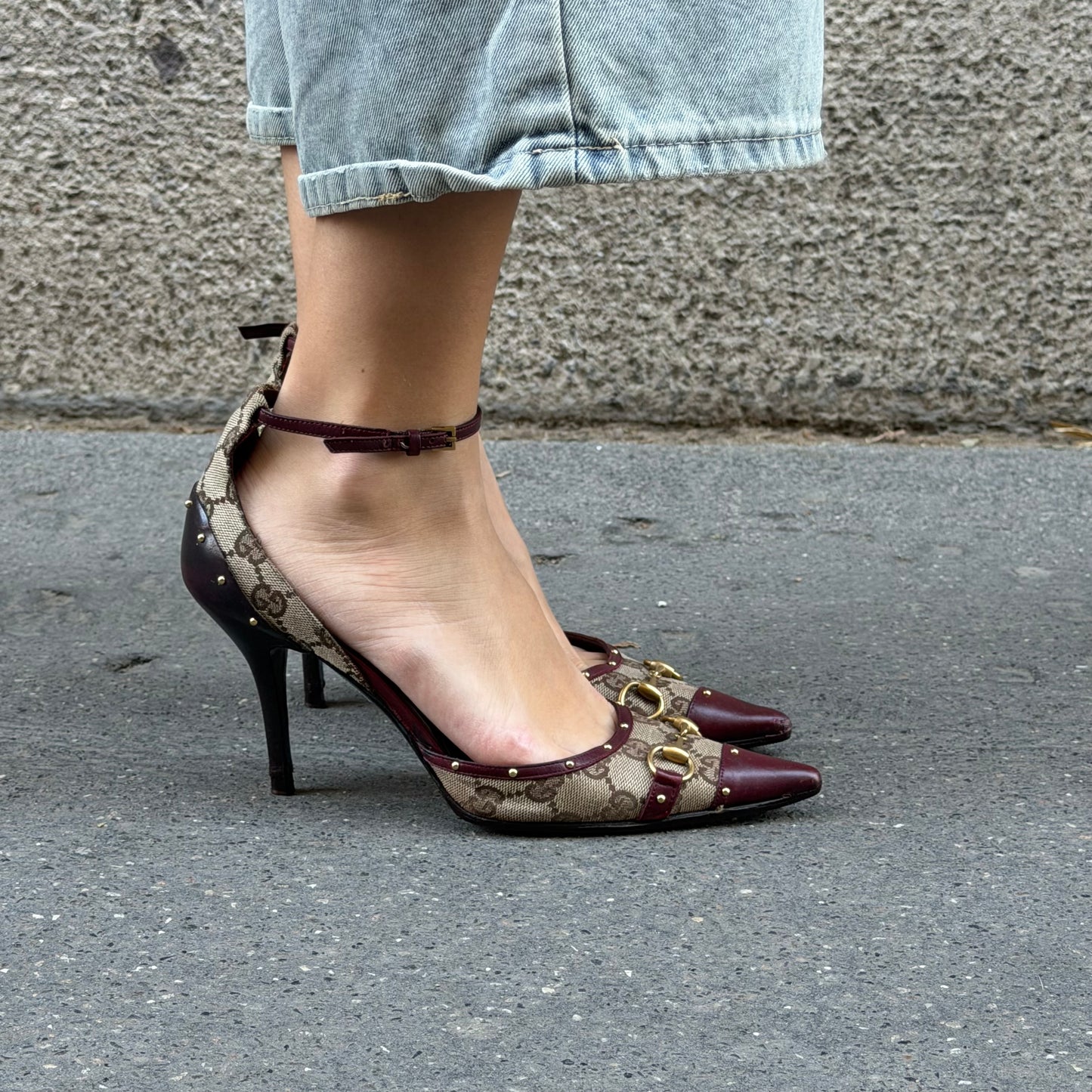 Gucci Monogram & Burgundy Horsebit Heels 37