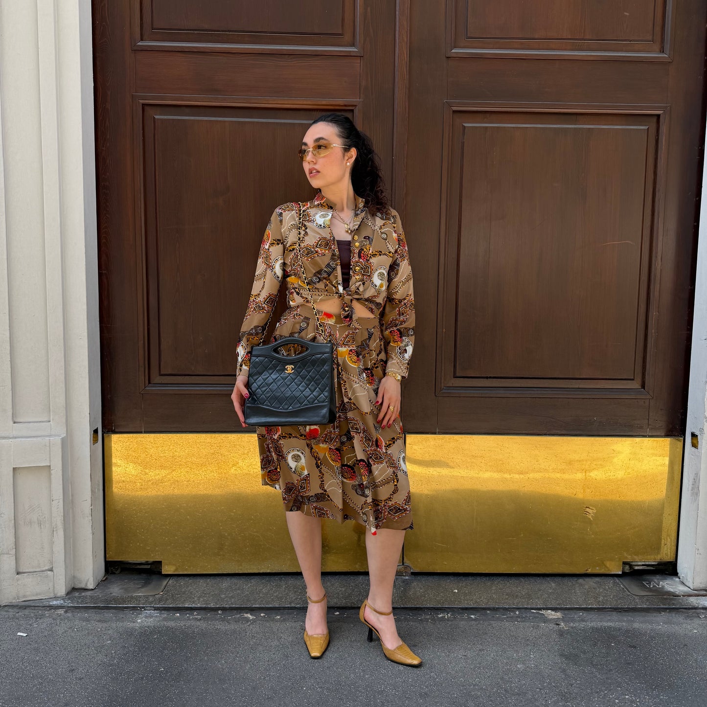 Light Brown Printed Shirt and Skirt Set