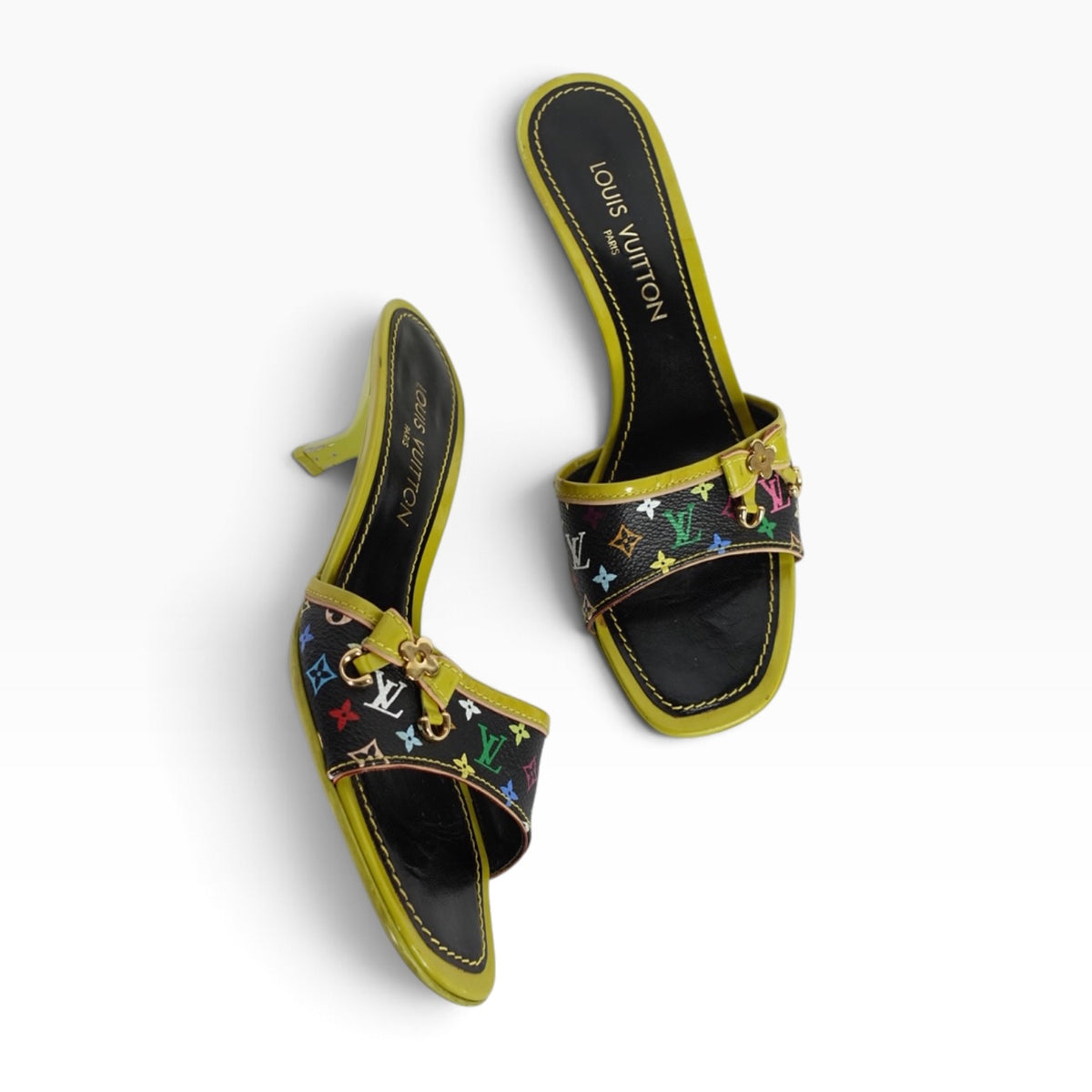 My Vintage Attire Louis Vuitton Murakami kitten heel mules in black multicolore canvas with lime green leather trim.