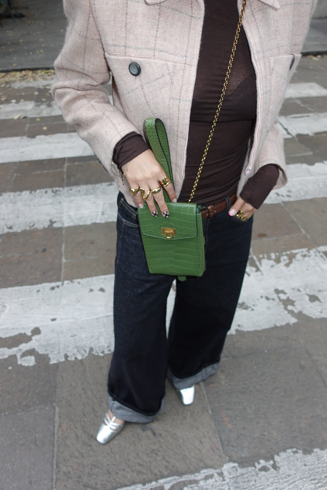 Ferragamo Croc Print Gancini Green Handbag W/ Chain