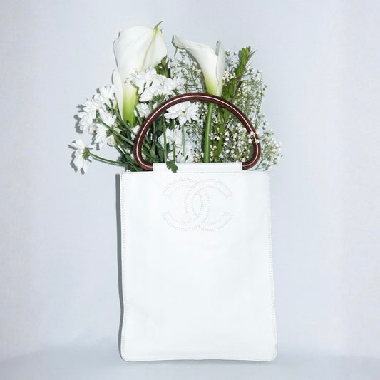 Chanel Vintage White Leather Mini Tote Bag with CC Logo