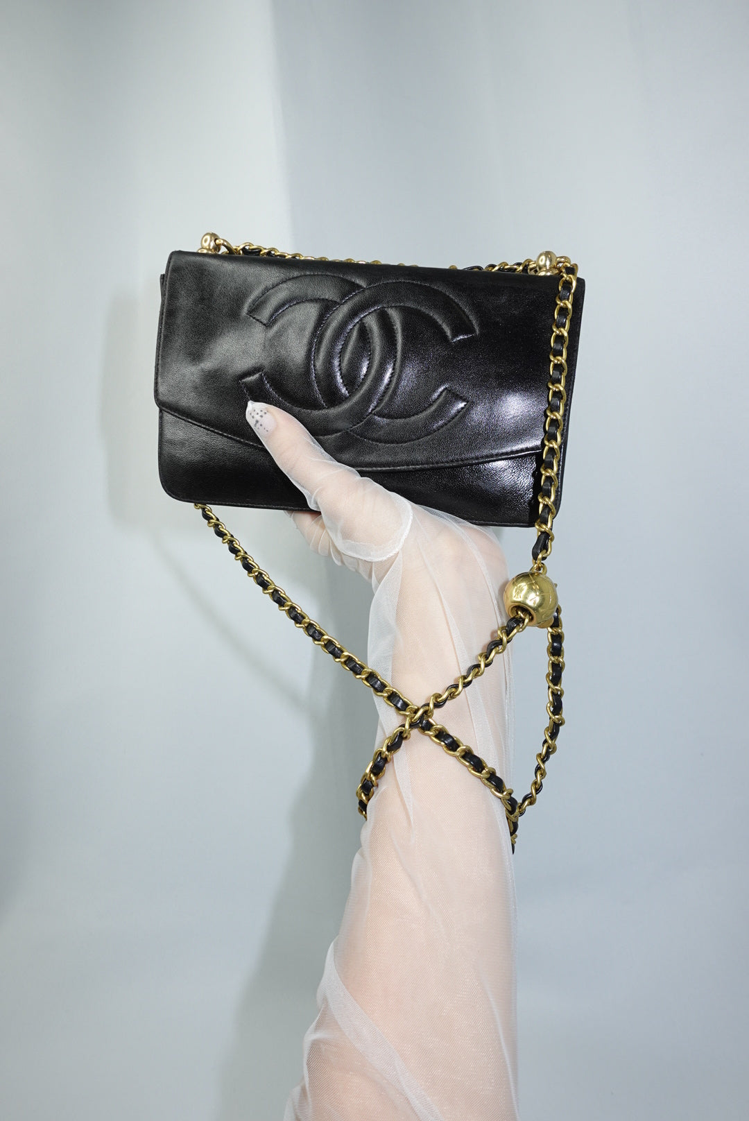 Chanel Re-Worked Vintage Flap Wallet With Chain Black Lambskin CC logo