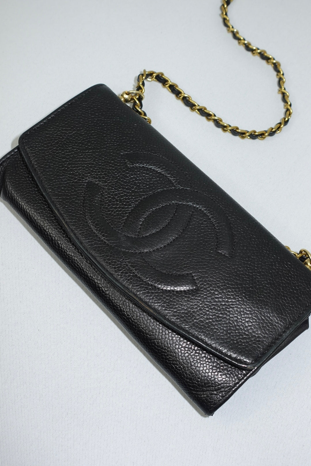 Chanel Re-Worked Vintage Long Flap Wallet With Chain Black Caviar CC logo