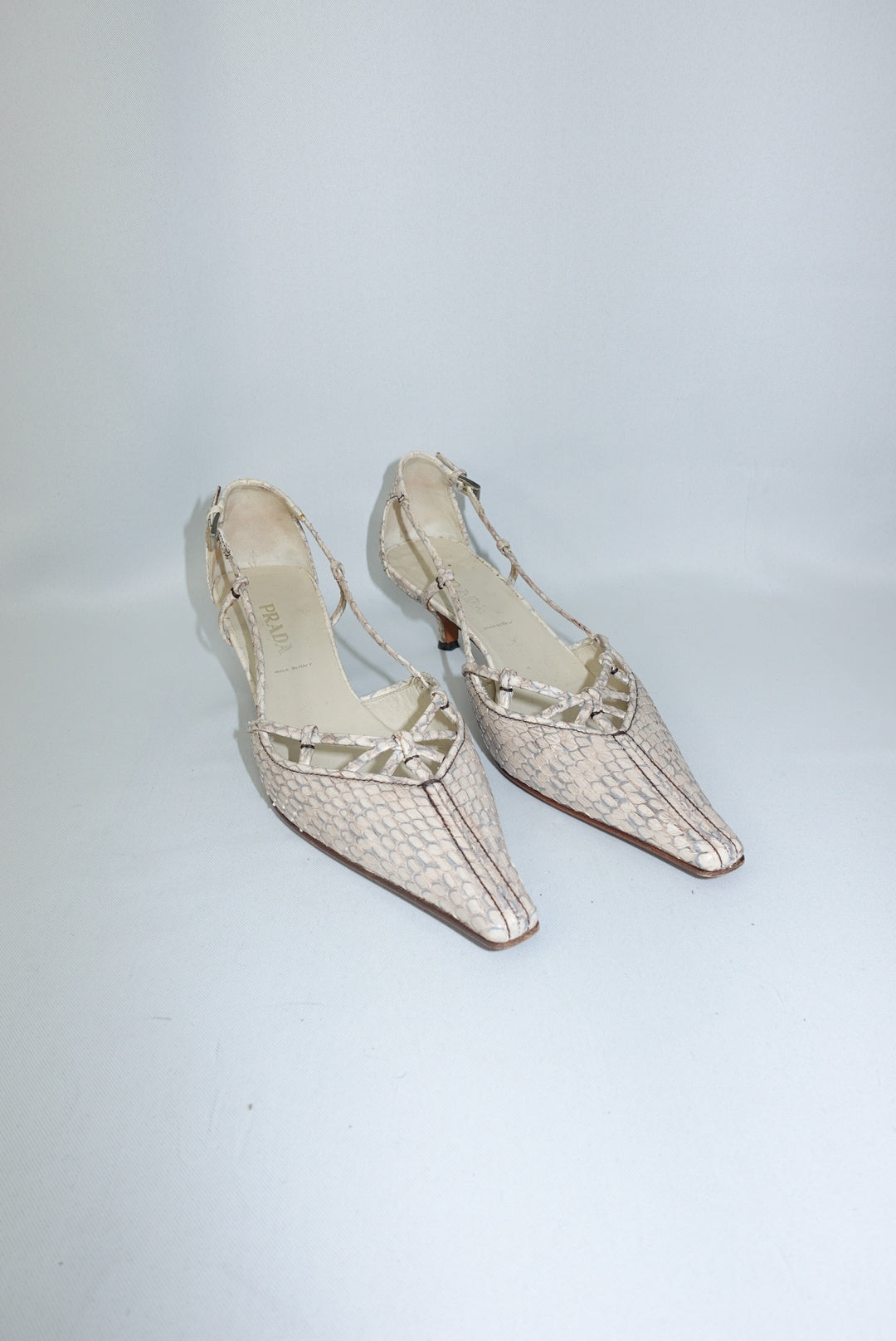 Prada Vintage Beige Python Pointed Toe Kitten Heels 38