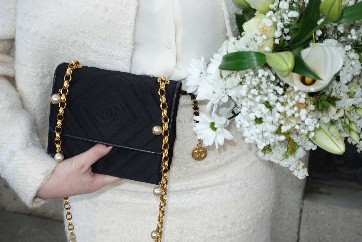 Chanel Vintage Satin Pearl Chain Embroidered CC Logo Bag