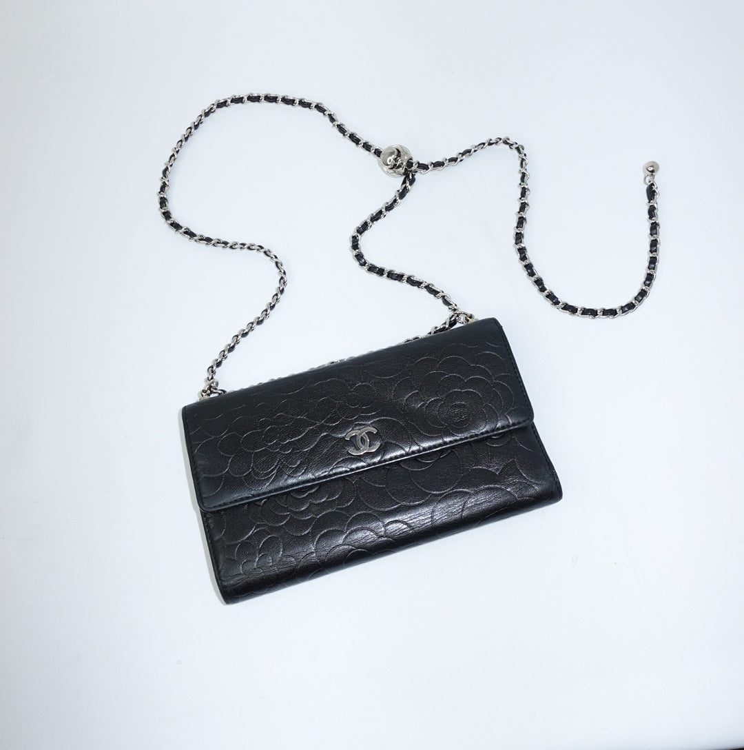 Chanel Black Flap Big Camelia Wallet On Chain