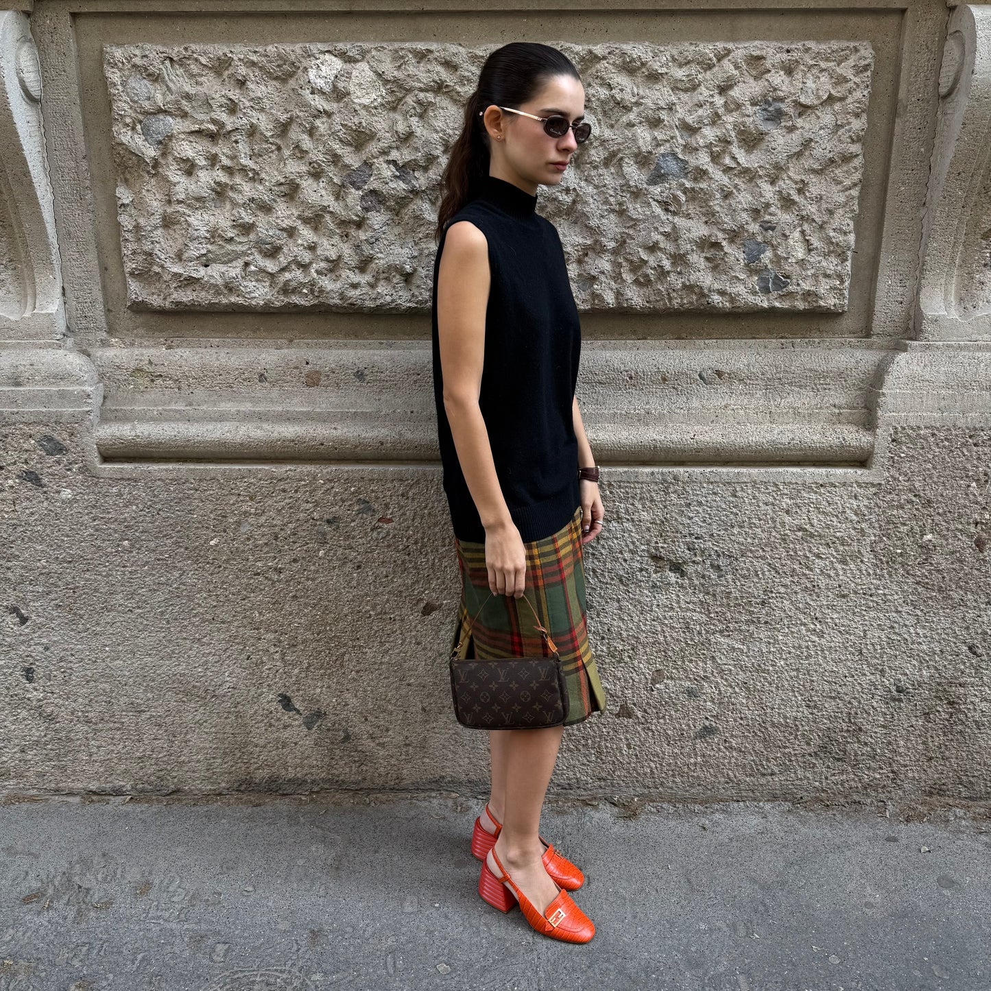 Celine Orange and Green Tartan Wool Skirt w/ Gold Detailing