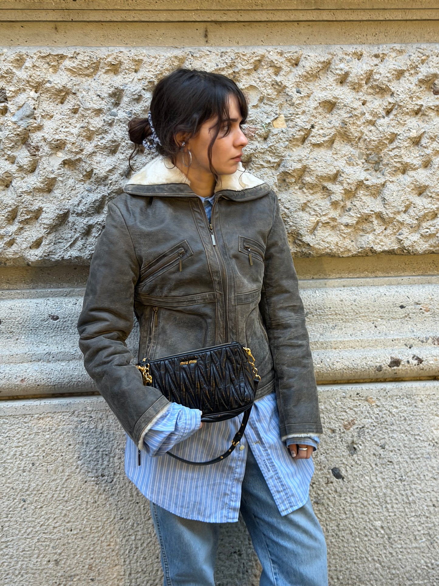 Grey Vintage Leather Faux Shearling Jacket