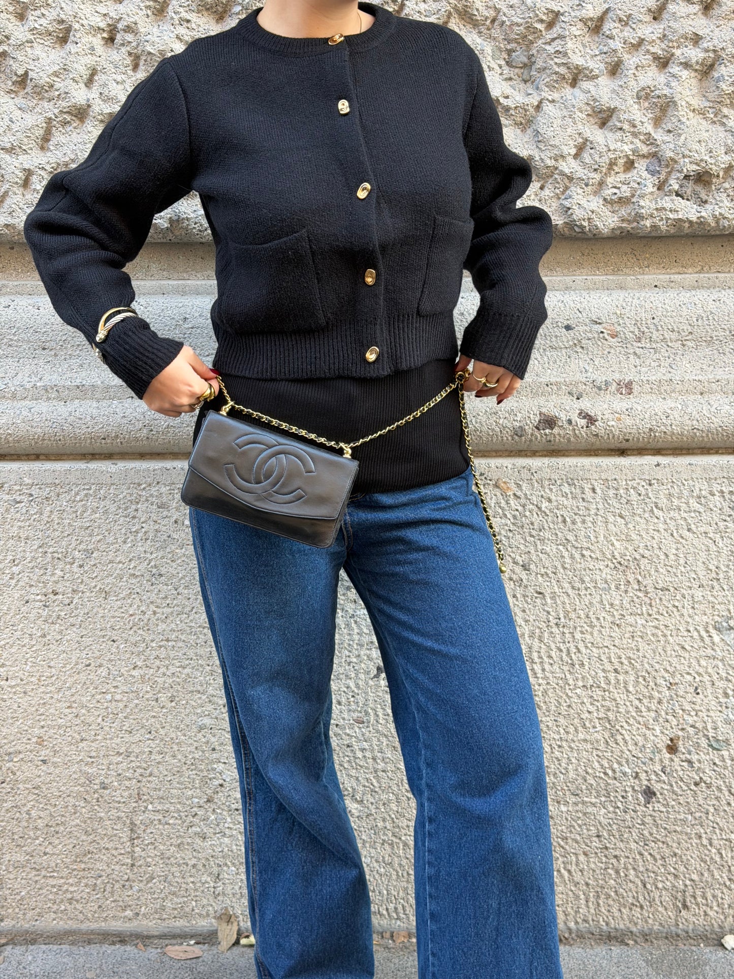 Chanel Re-Worked Vintage Flap Wallet With Chain Black Lambskin CC logo