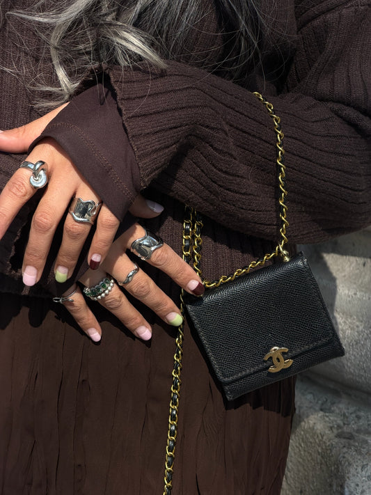 Chanel Vintage Reworked Black Mini Flap Wallet with Chain Gold Toned CC Logo