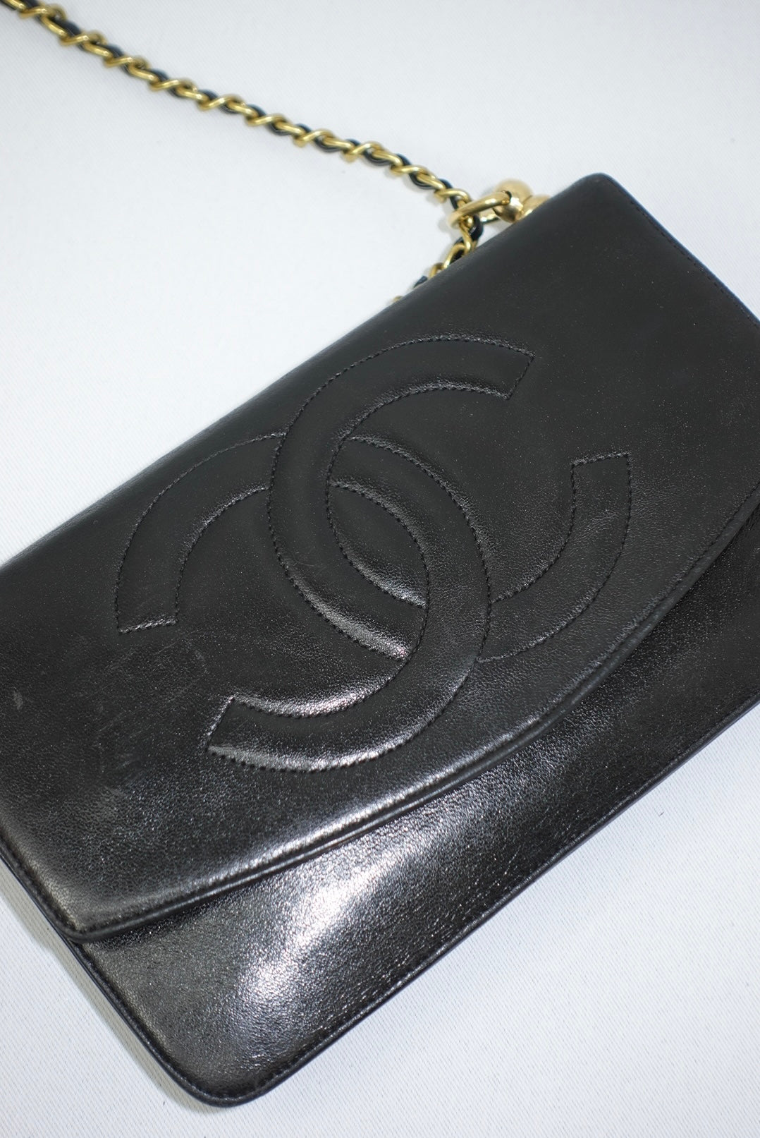 Chanel Re-Worked Vintage Flap Wallet With Chain Black Lambskin CC logo