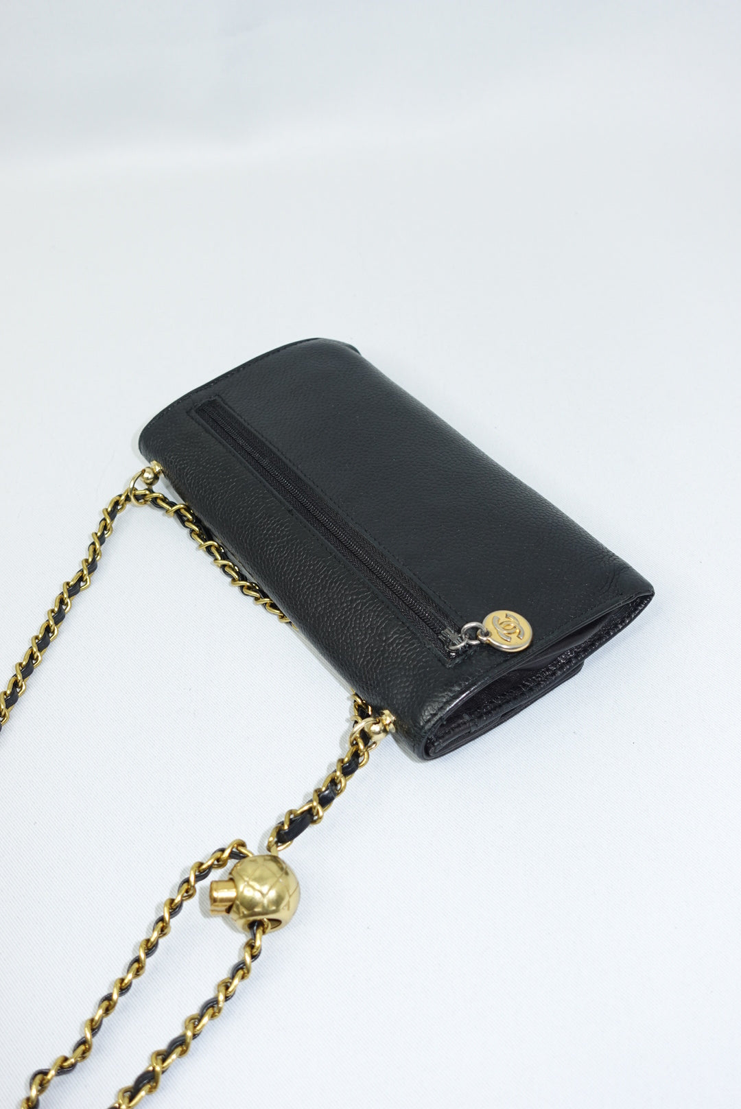Chanel Re-Worked Vintage Long Flap Wallet With Chain Black Caviar CC logo