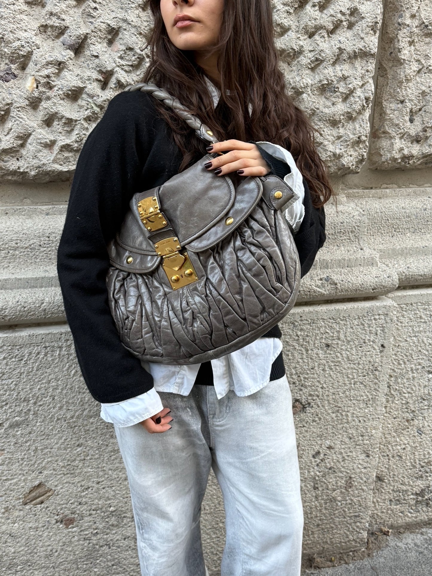 Miu Miu Vintage Gray Matelassé Coffer Shoulder Bag