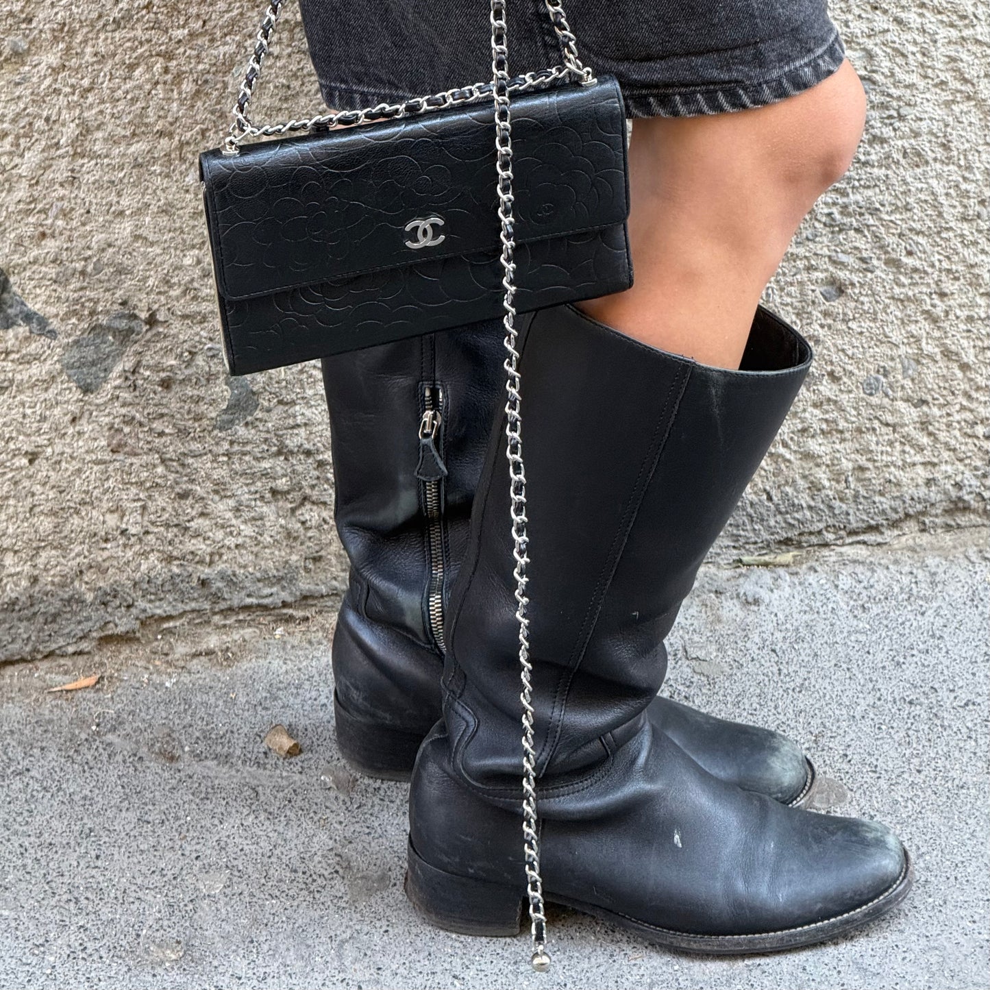 Chanel Black Flap Big Camelia Wallet On Chain