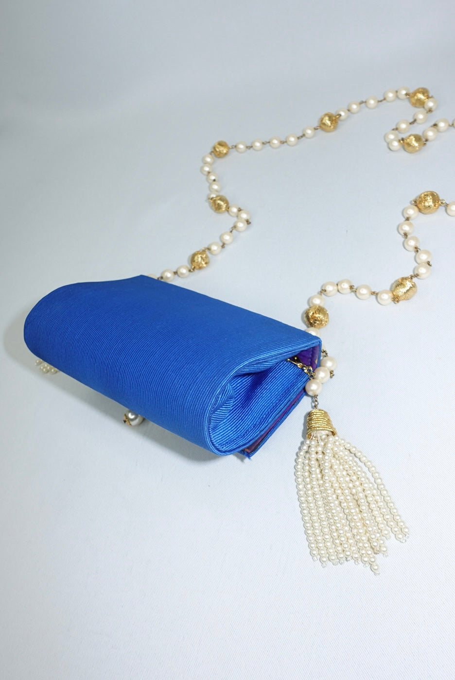 Fendissime Vintage Electric Blue and Gold Pearl Chain Bag