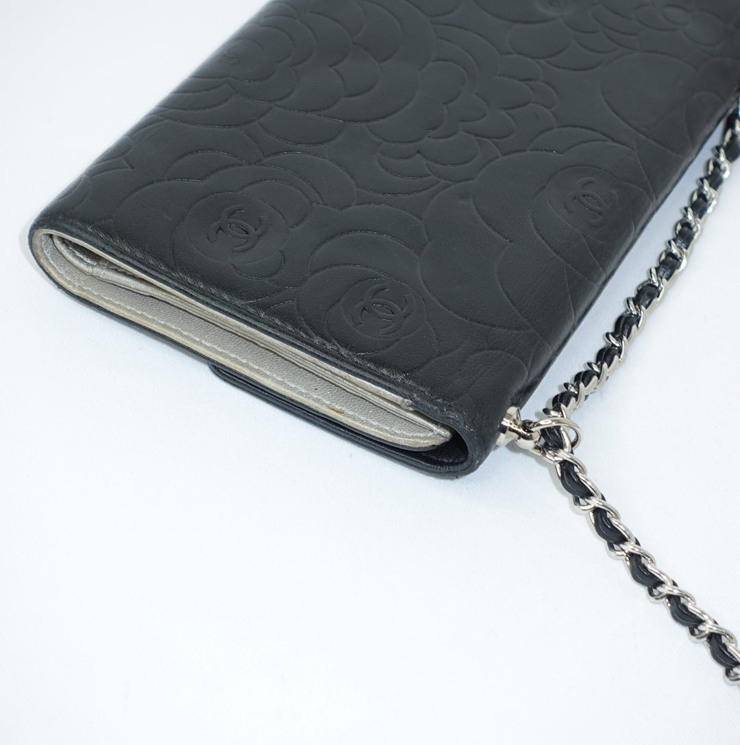 Chanel Black Flap Big Camelia Wallet On Chain