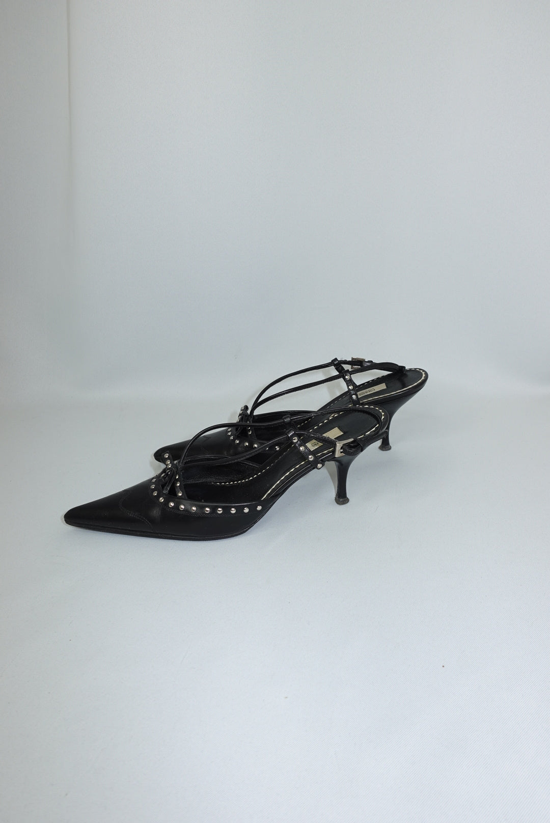 202. Prada Studded Black  Pointed Toe Heels 36