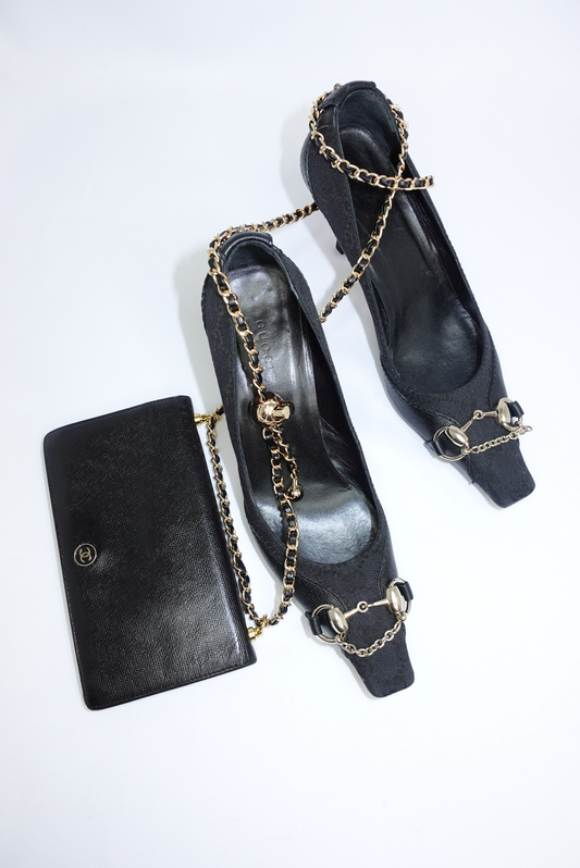 Gucci Black Monogram Canvas Horsebit Heels Gucci Black Monogram Canvas Horsebit Heels 37C