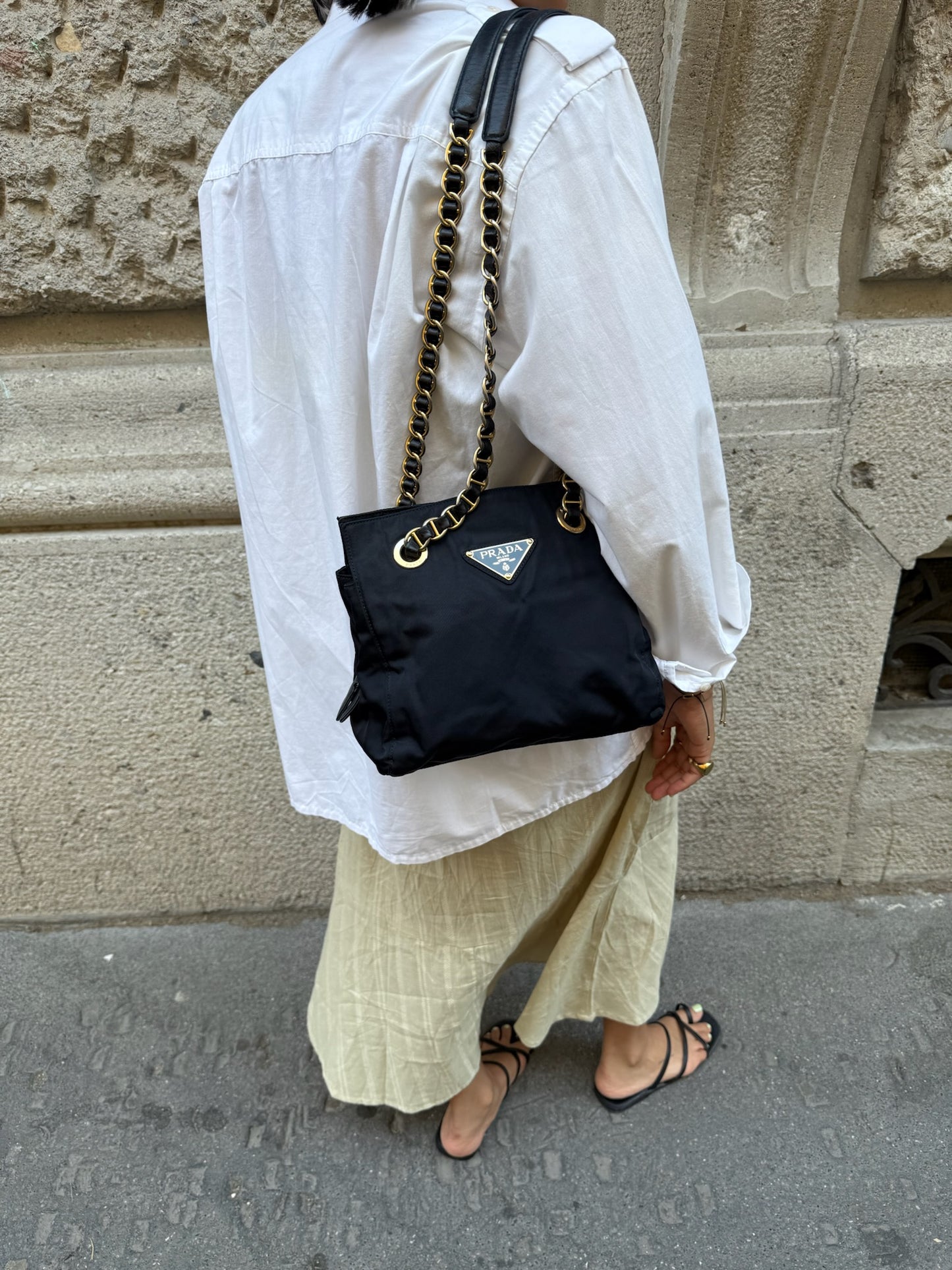 Prada Nylon Navy Gold Toned Chain Shoulder Bag