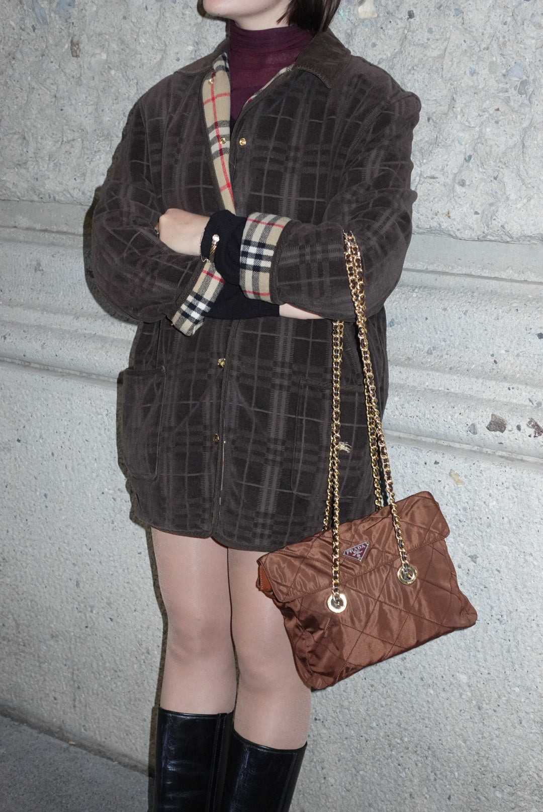 Prada Nylon Brown Vintage Gold Toned Hardware Shoulder Bag