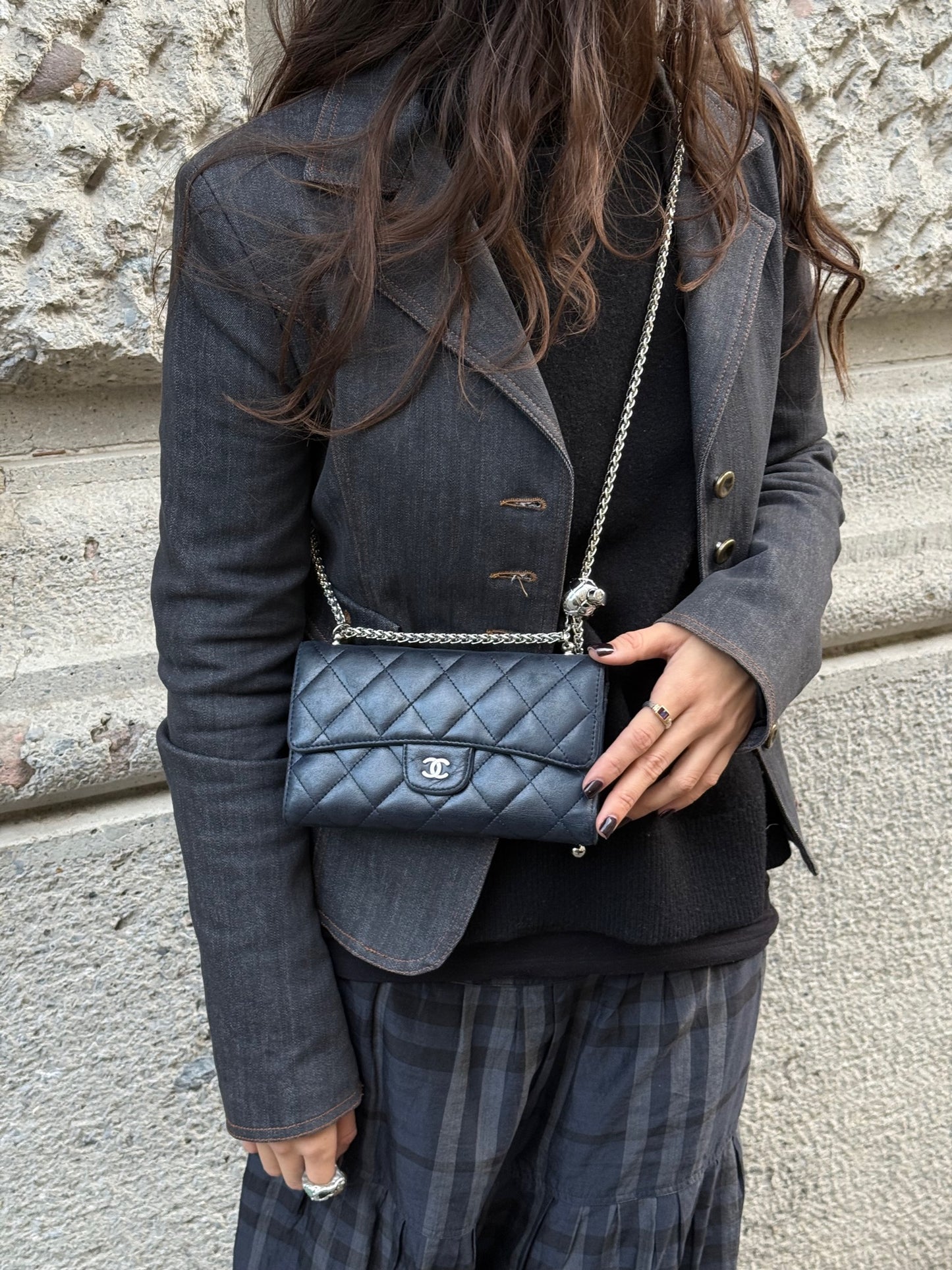 Re-Worked Chanel Timeless Trifold Vintage Navy Wallet with Chain