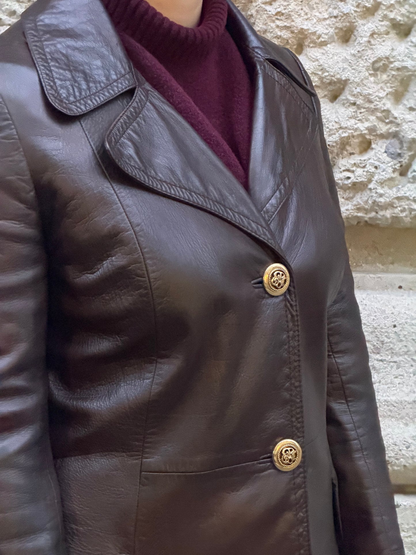 Vintage Dark Brown Leather Trench Coat Gold Toned Buttons