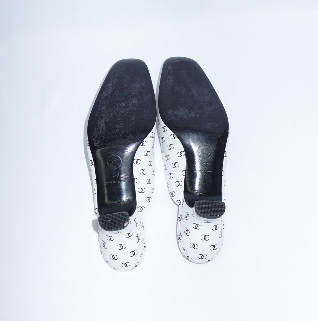 Chanel White Mule Heels With Mini Logos 38