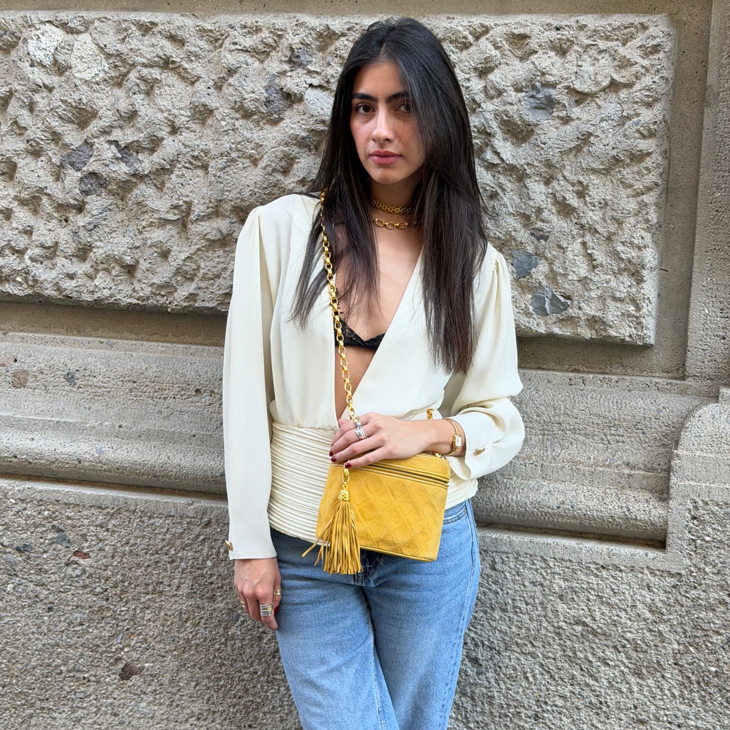 Ivory Plisse V Neck Blouse