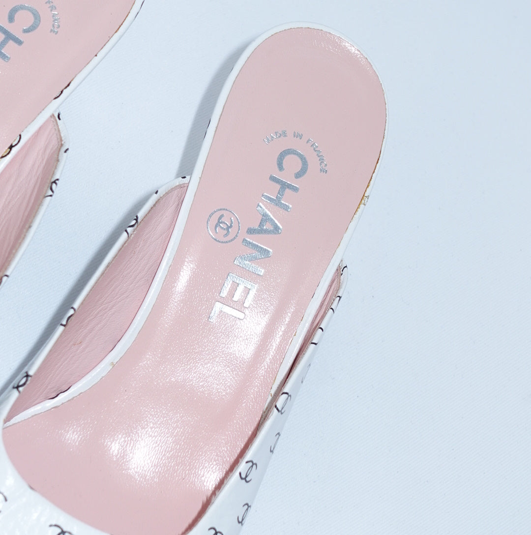 Chanel White Mule Heels With Mini Logos 38