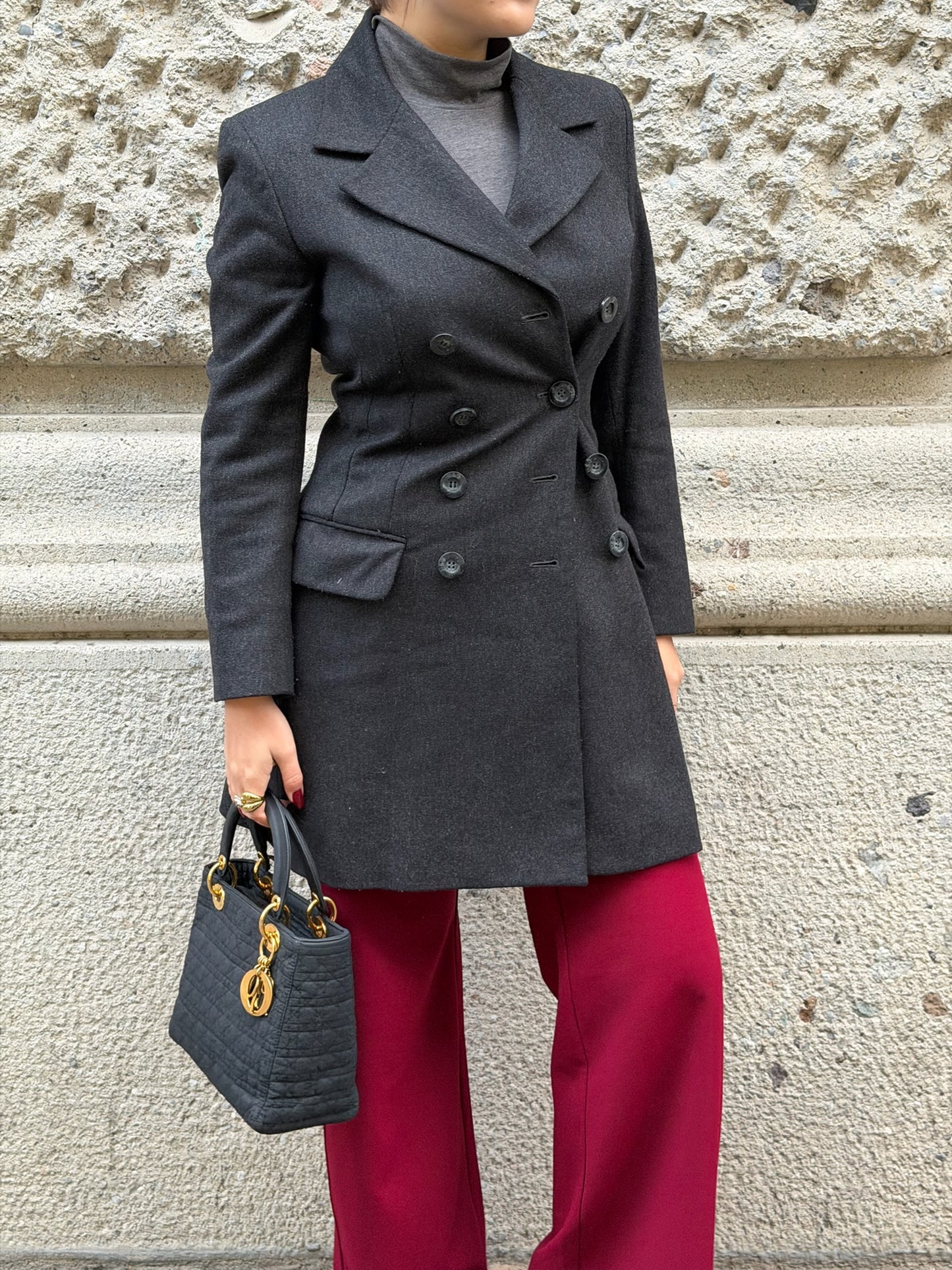 D&G Dolce & Gabbana Vintage Dark Grey Wool Double Breasted Blazer and Skirt Set