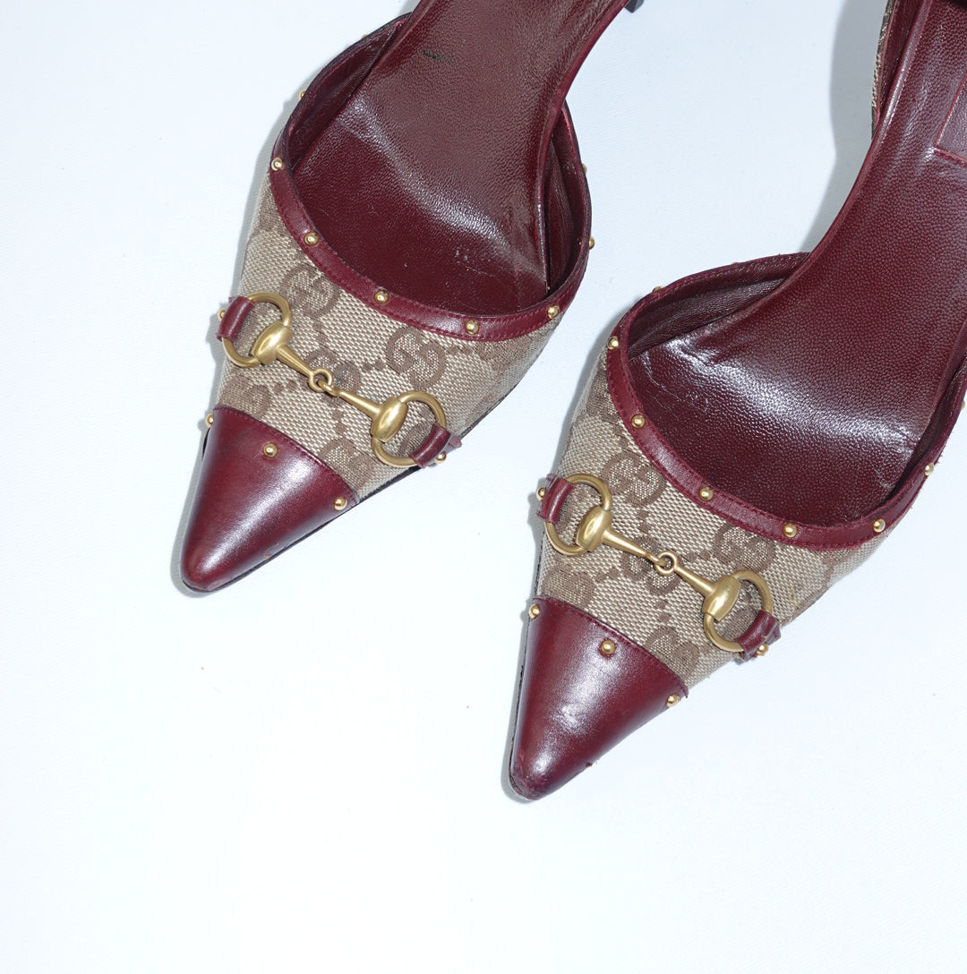 Gucci Monogram & Burgundy Horsebit Heels 37