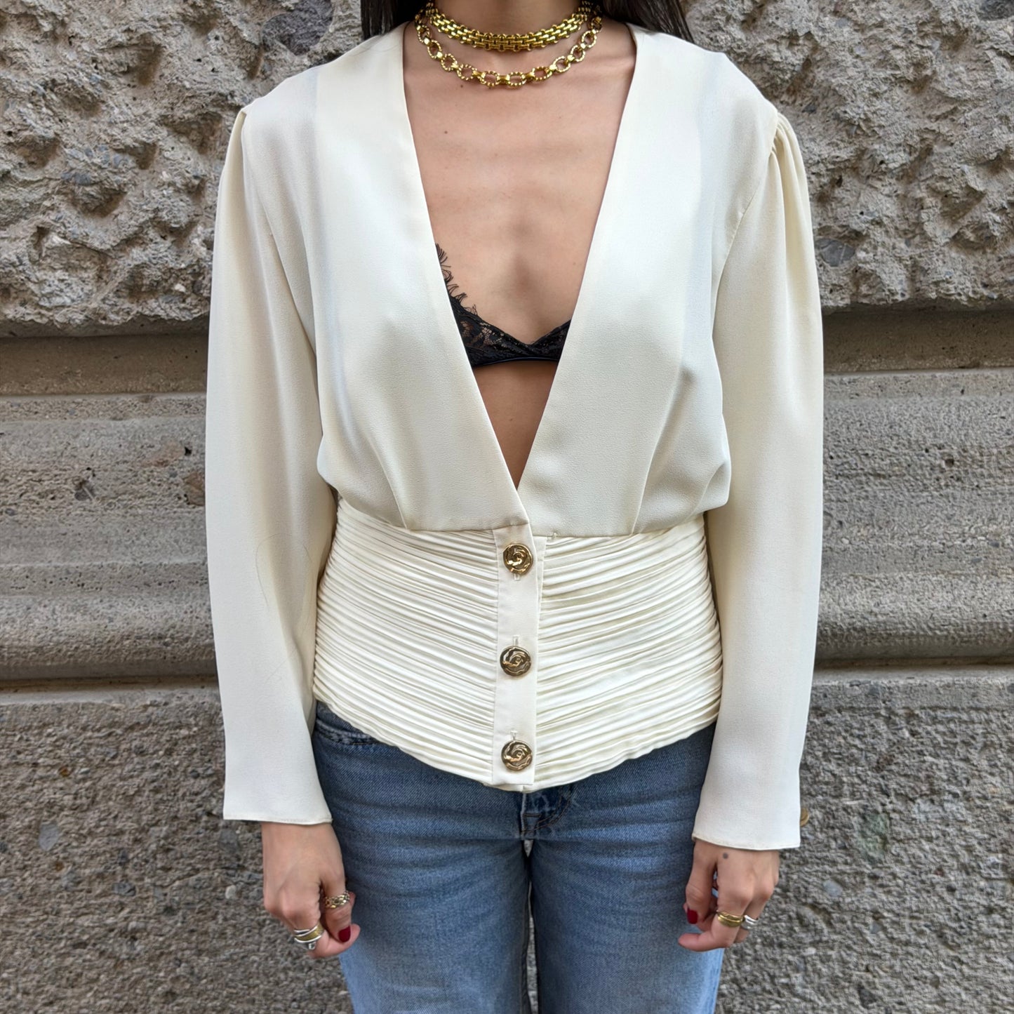 Ivory Plisse V Neck Blouse
