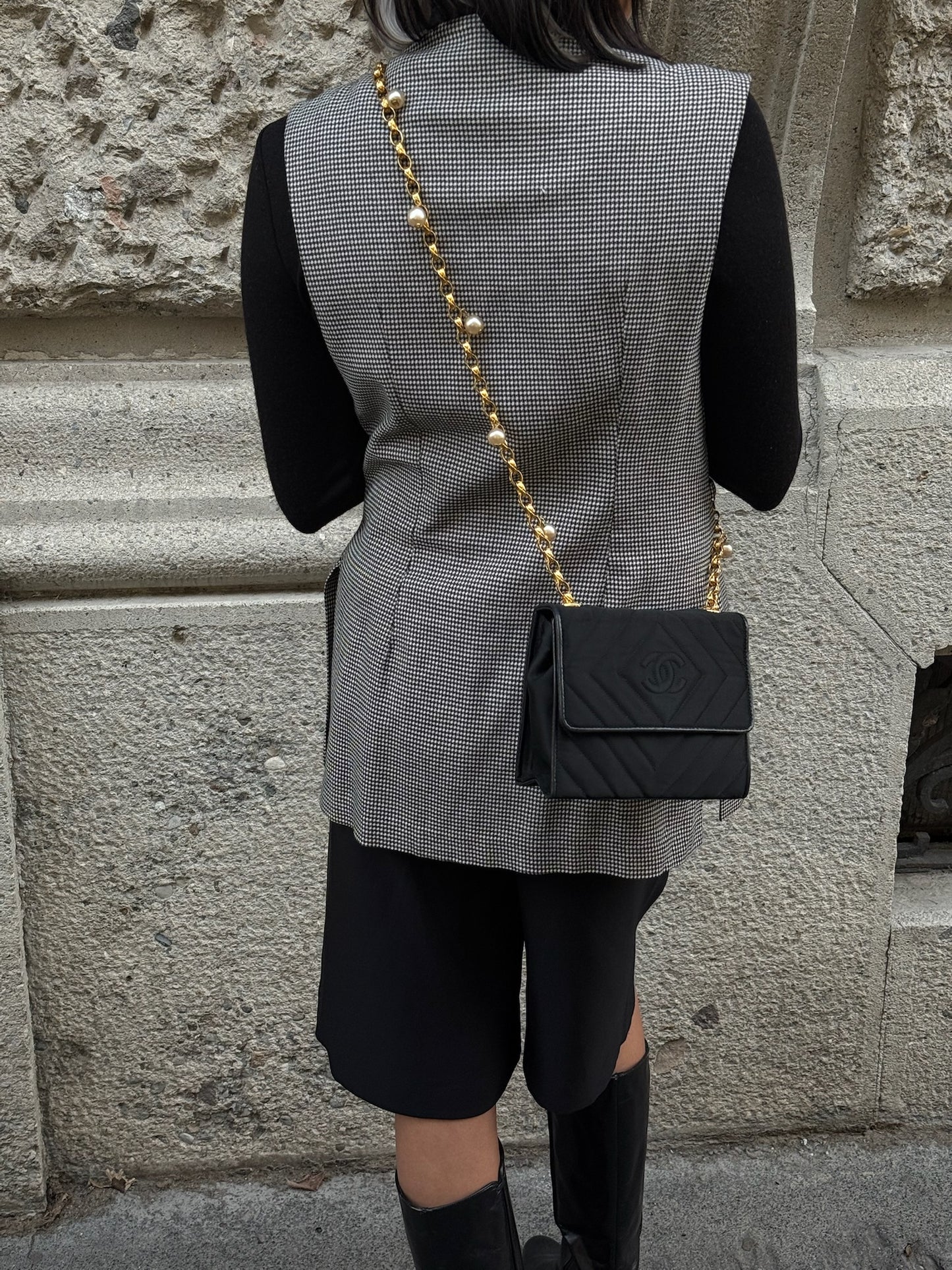 Chanel Vintage Satin Pearl Chain Embroidered CC Logo Bag